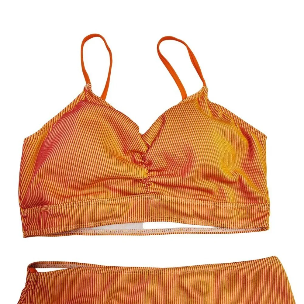 Orange & Yellow Striped High-Waisted Bikini Set Swimsuit Ruched Top Size L